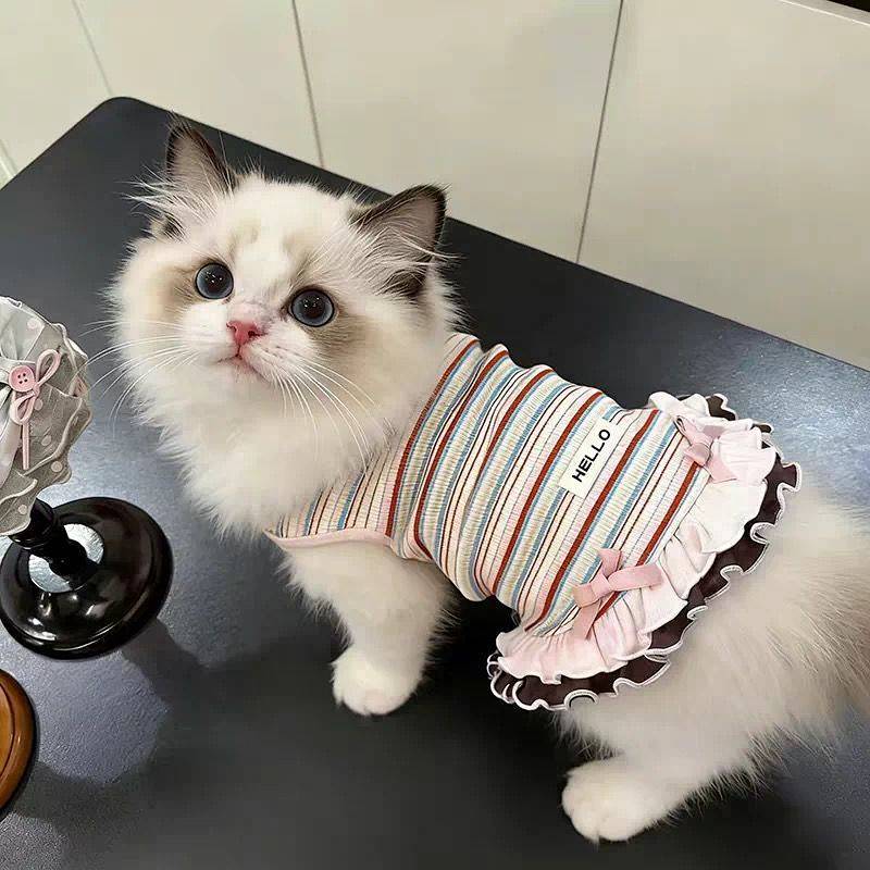 【Ready Stock】 Bow for Cats and Dogs Fresh Girl Sense Spring and Autumn Clothing Thin Ins Style Pet Striped Top Double-Layer Skirt nFit