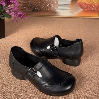 Giày đế thấp miệng sâu Giày cao su PU Giày bệt mũi tròn gót giữa (3-5cm) Gót vuông