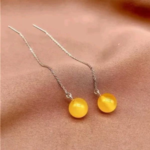Bông tai dài hạt tròn mã não đơn giản cổ điển