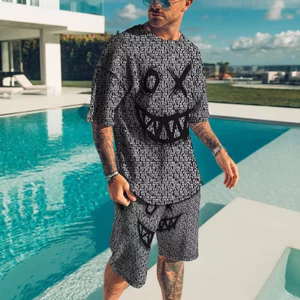 Bộ áo thun và quần short unisex cổ tròn họa tiết 3D, thoáng mát
