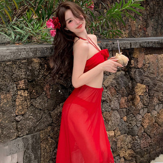 Áo tắm bikini cổ trễ màu đỏ dành cho nữ, kiểu váy bikini gợi cảm, xẻ tà, thích hợp cho mùa xuân nóng bỏng.