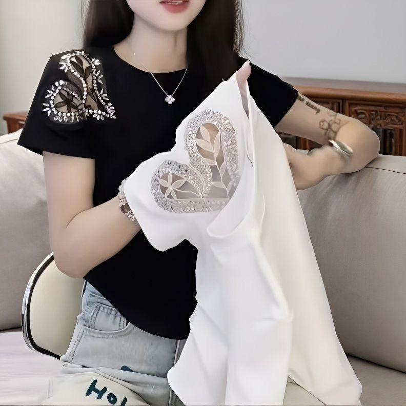Áo thun ngắn tay nữ mùa hè với họa tiết kim cương rỗng, phong cách mới và sang trọng