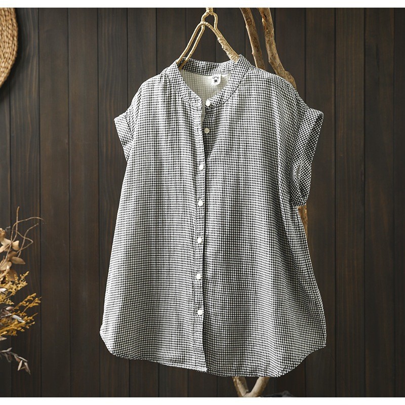 Quần áo mùa hè nữ phong cách Nhật Bản - Áo sơ mi cotton sọc kẻ tay ngắn thoáng mát