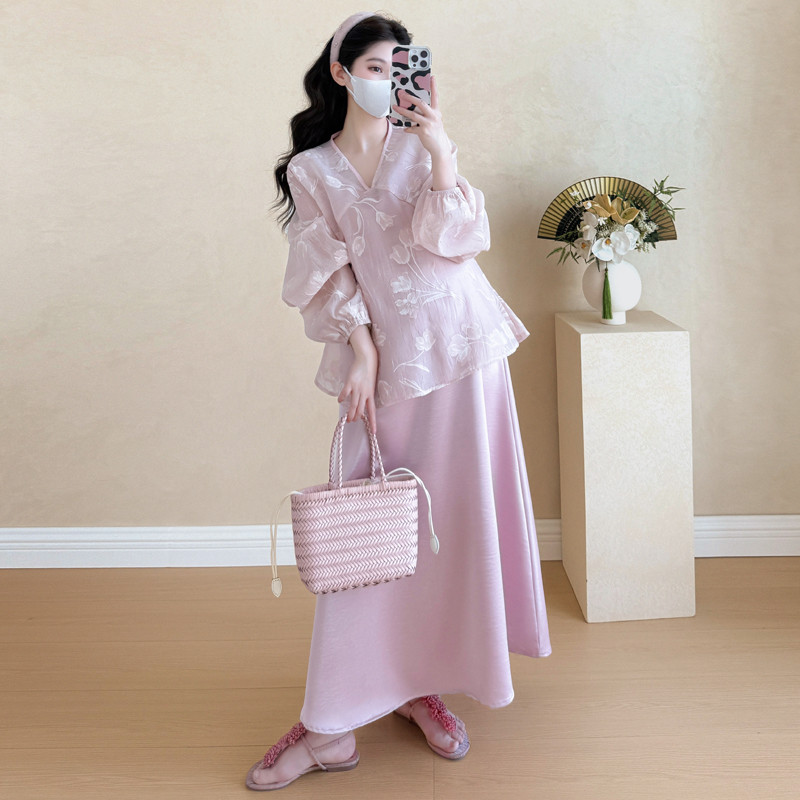 Bộ đồ bà bầu mùa hè phong cách Hàn Quốc, thiết kế jacquard và váy đeo chéo cỡ lớn