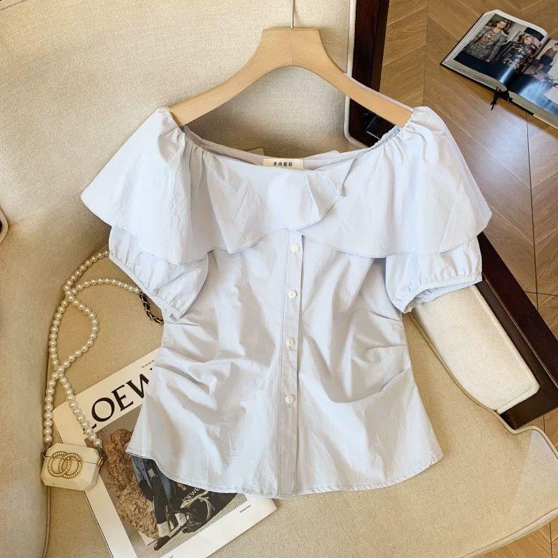 Áo sơ mi ngắn tay cổ chữ V kiểu Pháp, thiết kế nữ tính, phù hợp mùa hè