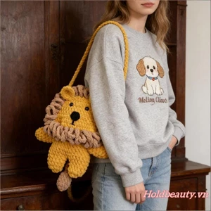 Túi đeo chéo Mini dành cho nữ Túi điện thoại móc thủ công sư tử hoạt hình để mua sắm sử dụng hàng ngày