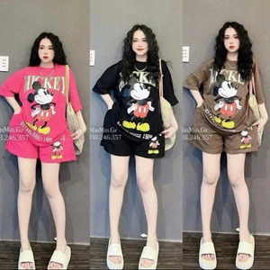 Bộ Quần Áo Hè Nữ Cartoon Mickey Mouse Oversize Freesize Dưới 65kg. Set Bộ hè áo cộc quần đùi Nữ