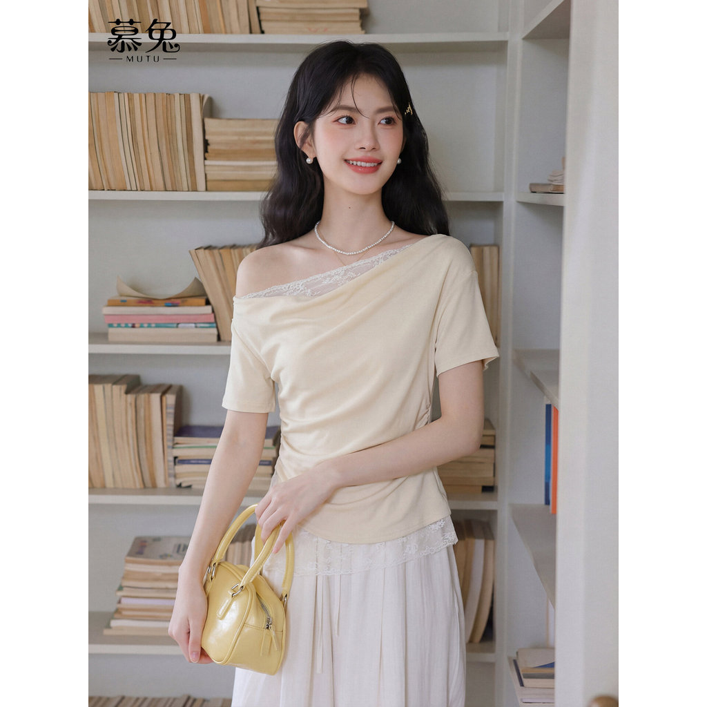 Áo Thun Nữ Cổ Xoay Tay Ngắn, Thiết Kế Sang Trọng với Chi Tiết Ren Khâu