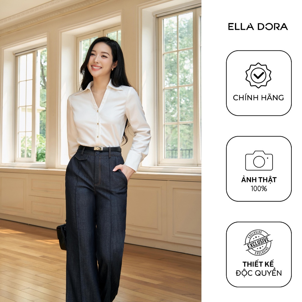 Áo sơ mi trắng nữ ELLA DORA thiết kế cổ V nẹp mở cúc đồng form gọn thanh lịch sang trọng [SM177]