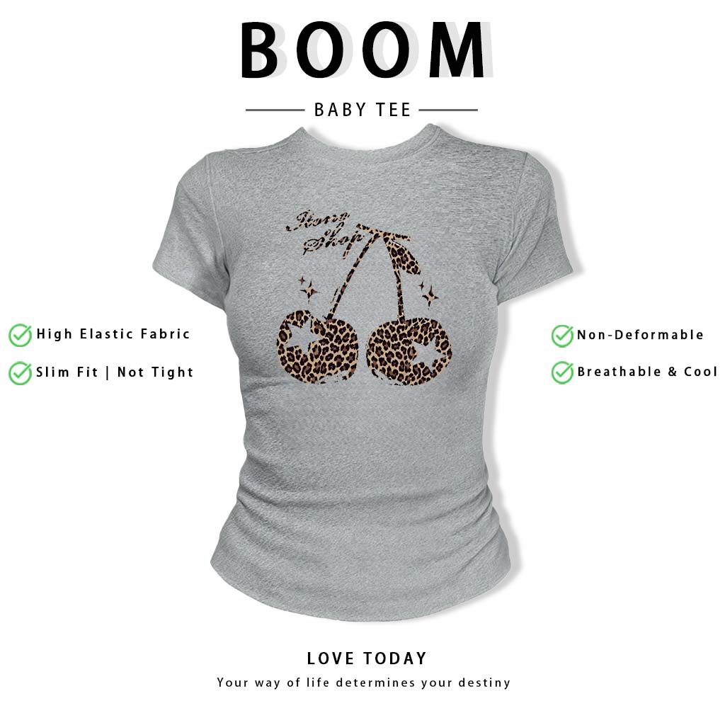 BOOM Áo Baby Tee Nữ Cotton Ôm Body-Áo Thun Ngắn Tay Y2K In Hình PhongCách Mùa Hè, Cổ Tròn Hàng Đầucách hàn quốc phongQ48