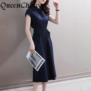 Đầm chữ A midi màu xanh navy dành cho nữ, phù hợp làm việc hàng ngày