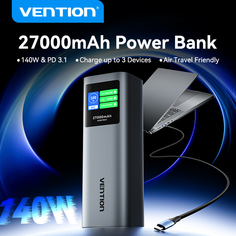 Pin Sạc Dự Phòng Vention 27000mAh 140W PD3.1 - Màn Hình TFT Hiển Thị Thông Minh - Vỏ Hợp Kim Nhôm - 3 Cổng (2C1A