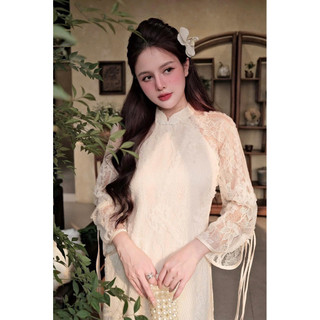 [Asasino] Set Bộ Áo Dài Trắng Tay Dài Đính Ngọc Phối Quần Lụa, Set Áo Dài KieuTrang Viền Phối Quần Suông