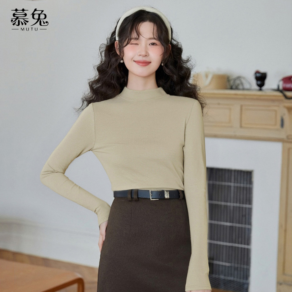 Mutu Áo sơ mi nữ mùa đông lông cừu-fleece, nửa cổ dệt kim, phong cách sang trọng