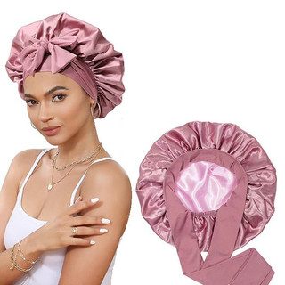 Mũ ngủ satin hai lớp dành cho nữ, có nơ và vành rộng, co giãn tốt