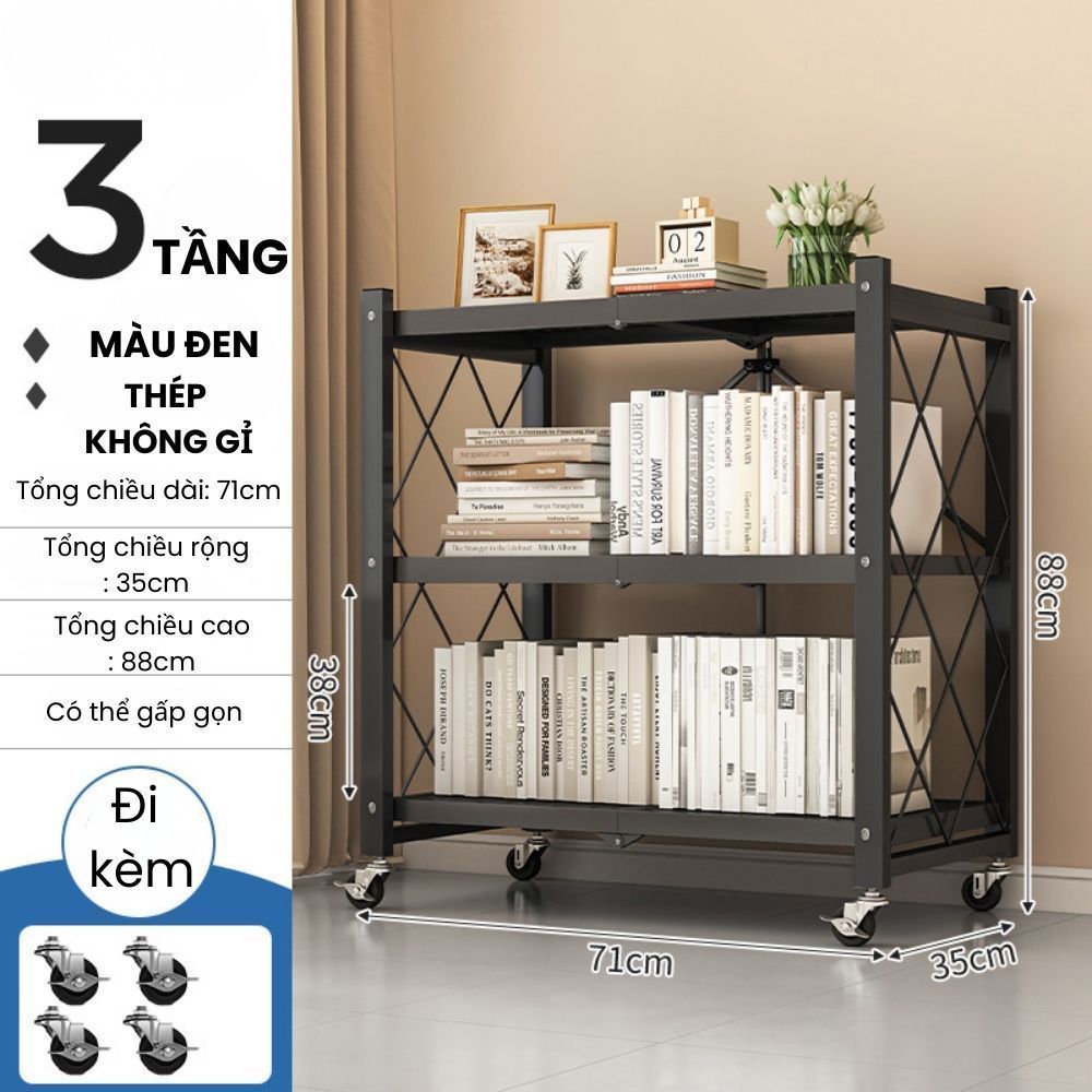 Kệ Gấp Gọn Đa Năng Không Cần Lắp Ráp Khung Thép, Kệ Để Đồ Nhà Bếp, Phòng Khách, Kho Đồ Có Bánh Xe