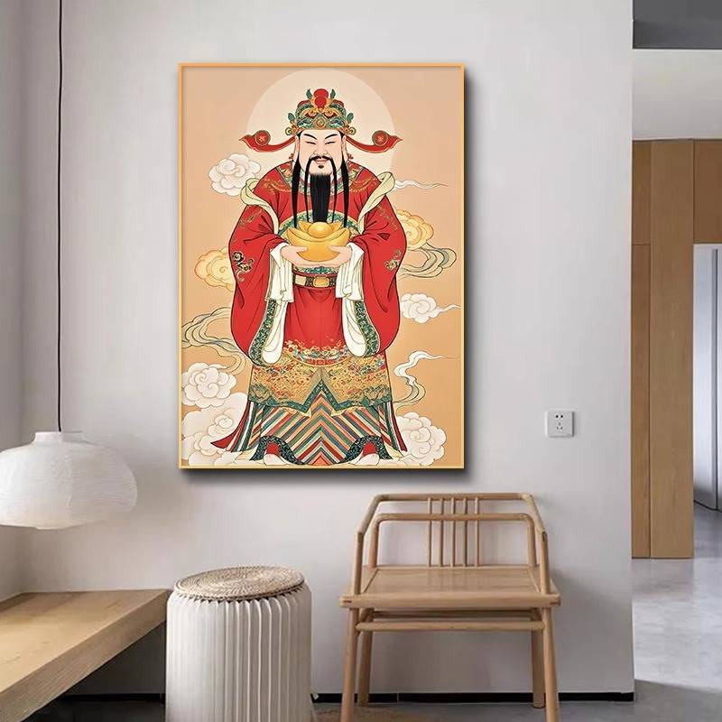 Tranh Canvas phong cách Trung Quốc mới để trang trí phòng khách và hội trường trung tâm Vận may tốt lành, các vị thần dân sự và quân sự giàu có, lễ hội và thịnh vượng
