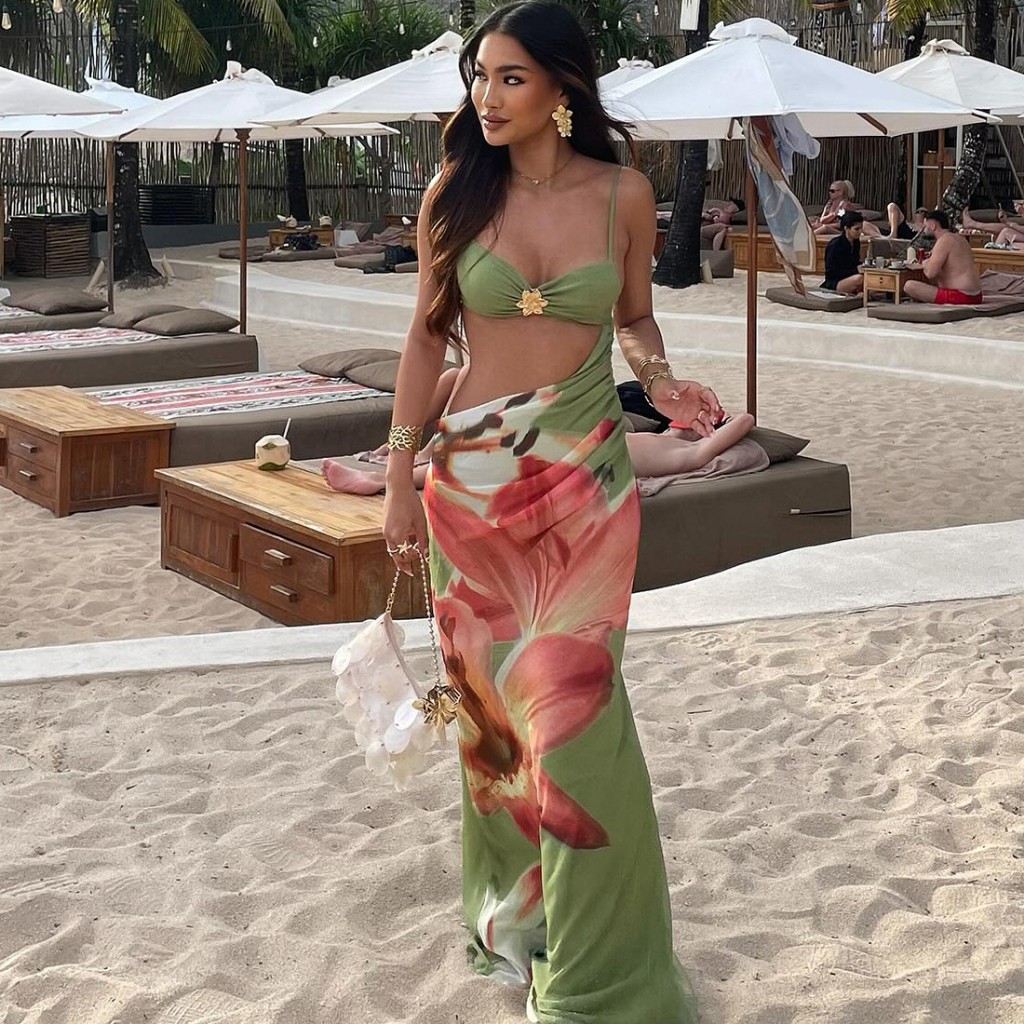 Cutenew Flora In Backless Đầm ôm Dây Đeo Kim Loại Đính Ren Không Đều Eo Đi Biển Kỳ Nghỉ Gợi Cảm Slim Bodycon