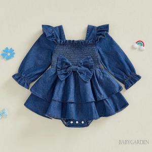 Váy Denim dài tay bong bóng màu trơn dễ thương thời trang cho bé gái