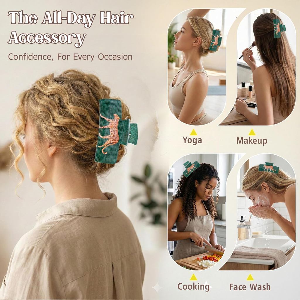 Kẹp vuốt tóc da báo cho nữ, phù hợp với tóc xoăn dày mỏng, giữ chắc chắn và chống trơn trượt, phụ kiện tóc phong cách Pháp
