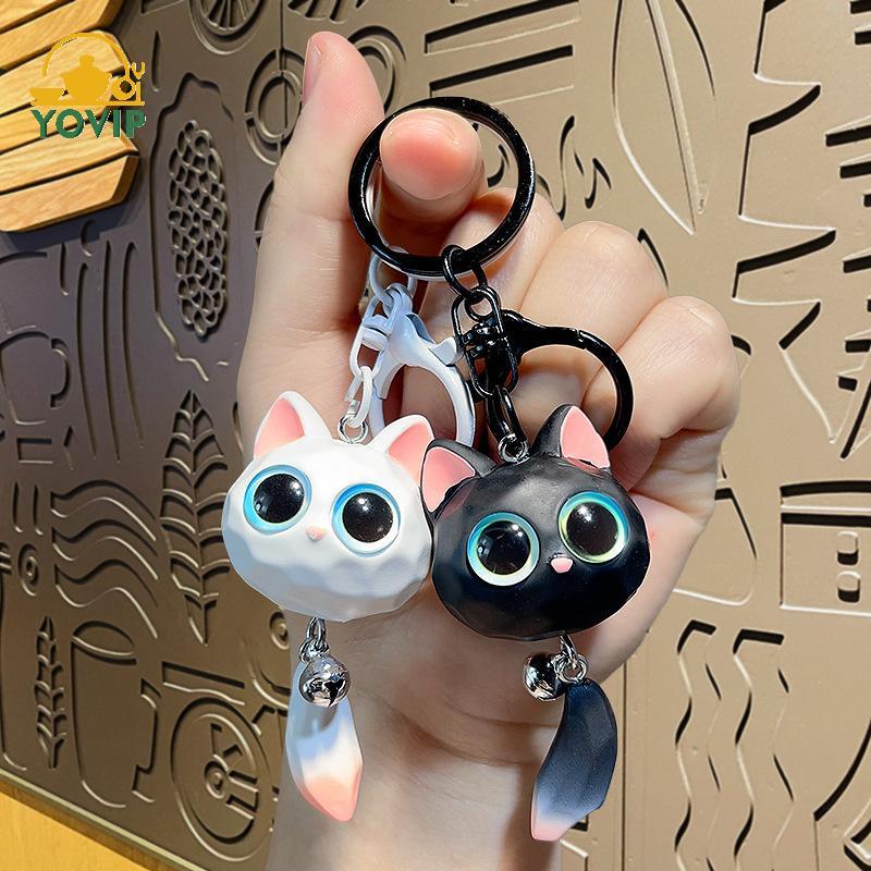 YOVIP Hoạt Hình Sáng Tạo Mắt Lớn Đầu Mèo Móc Khóa Unisex Xe Móc Khóa Dễ Thương Tinh Tế Đầu Mèo Mặt Dây Chuyền Bền Chống Mất 3D Móc Khóa VN