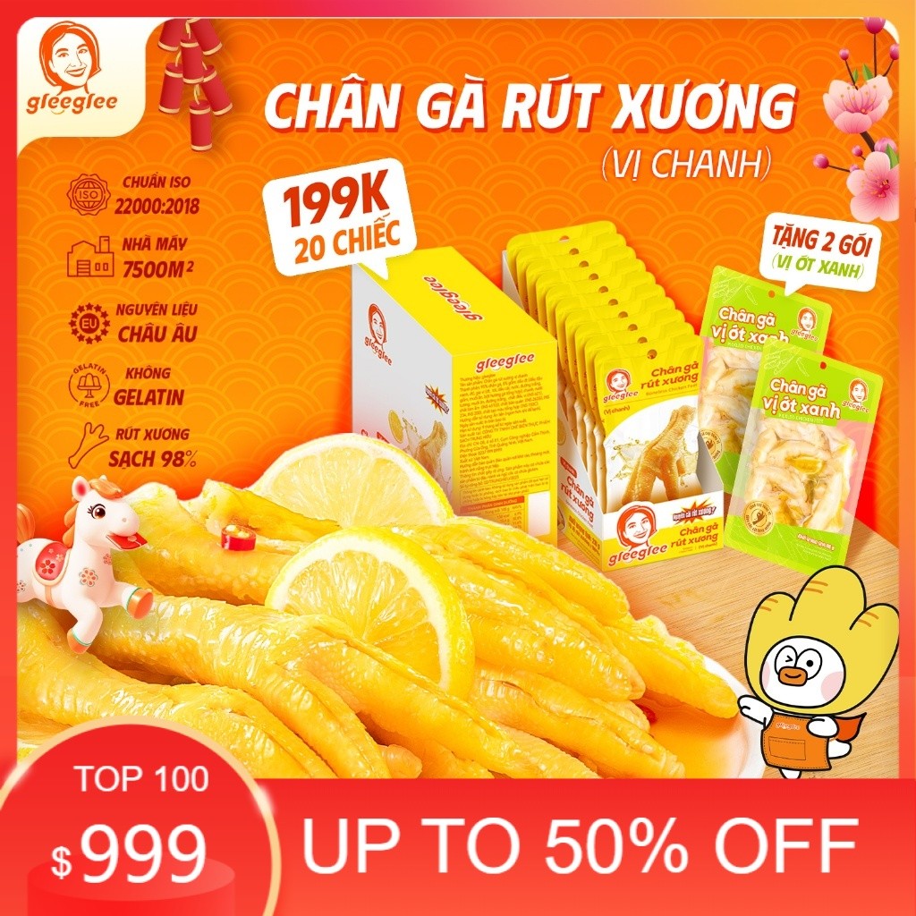 Combo Chân Gà Rút Xương GleeGlee Vị CHANH 21g Tỉ lệ >98% Sạch Xương Ăn Liền Tiện Lợi Chuẩn ISO 22000