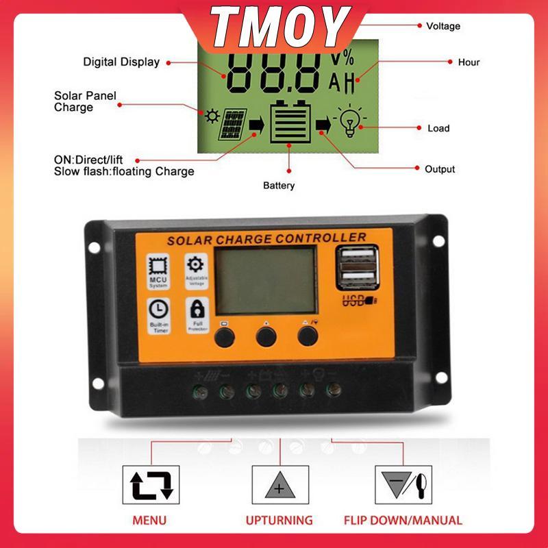 TMOY LCD Bộ điều khiển năng lượng mặt trời 12V / 24V 30A 20A 10A Bộ điều chỉnh sạc năng lượng mặt trời Bộ sạc pin PWM Màn hình LCD USB kép 5V 2.5A Đầu ra MOS TMOY