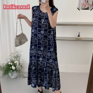 Váy in họa tiết Rayon nữ mùa hè mới váy dài không tay mỏng đơn giản giản giản dị mát mẻ