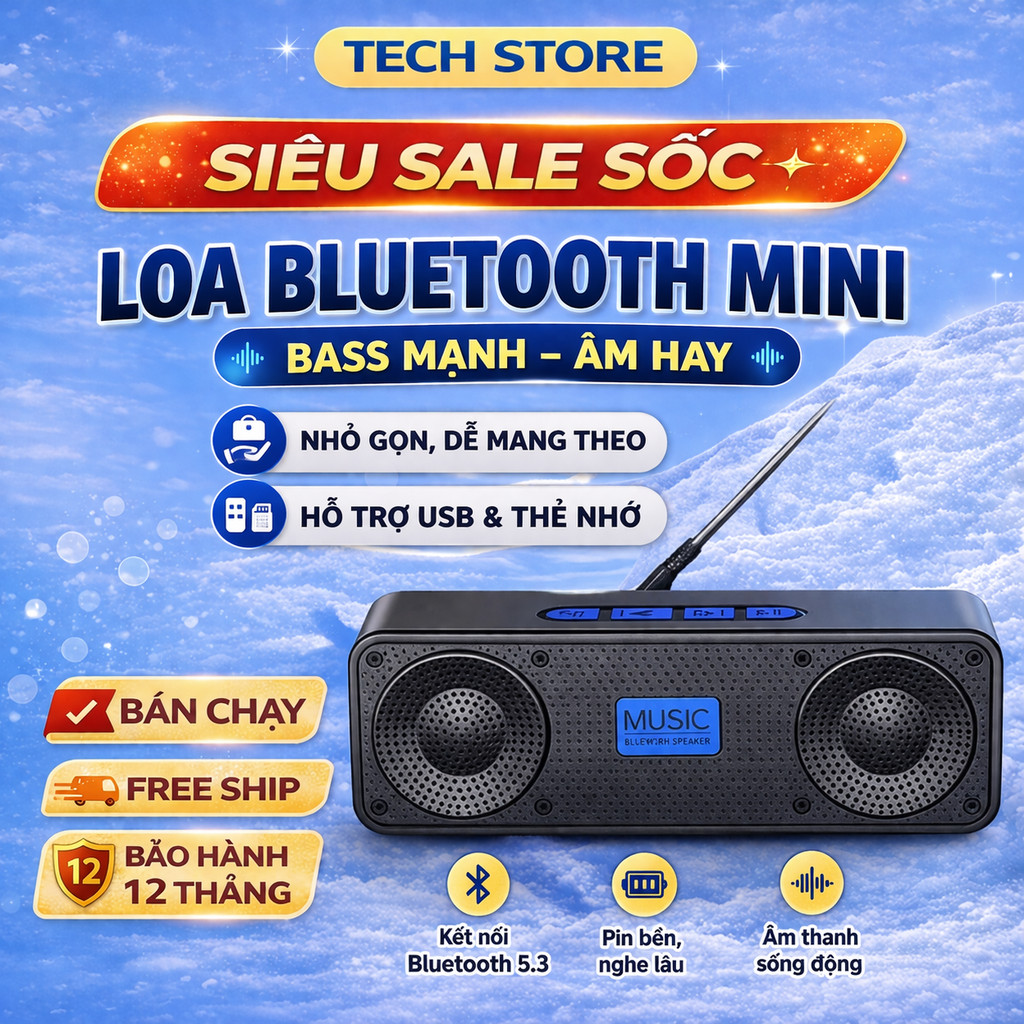 𝐓𝐞𝐜𝐡 𝐒𝐭𝐨𝐫𝐞 Loa Bluetooth Mini HiFi 9D Bass Mạnh, Nghe Nhạc Không Dây Nhỏ Gọn Đa Năng Dùng Được Usb Thẻ Nhớ, Loa Giá Rẻ