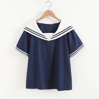 Áo sơ mi nữ cotton ngắn tay, cổ hải quân, họa tiết sọc ngọt ngào
