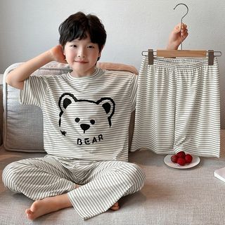 Đồ bộ ngủ trẻ em sọc gấu dễ thương – áo thun + quần dài/ngắn, mềm mịn thoáng mát, mặc nhà unisex