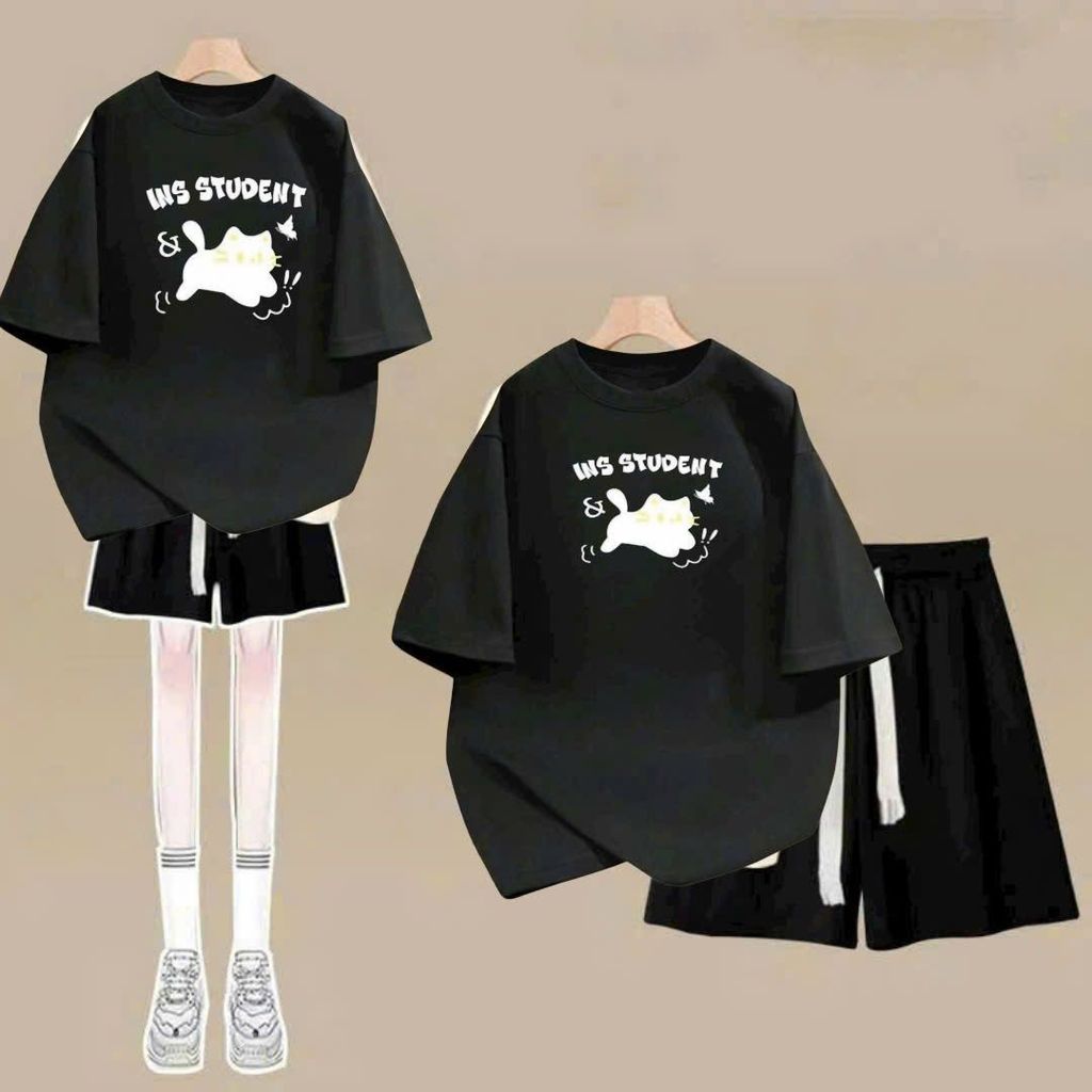 sét bộ quần đùi cộc dây to trơn xđậm+mix áo phông form rộng in hình mèo máy-shop thời thang thubio
