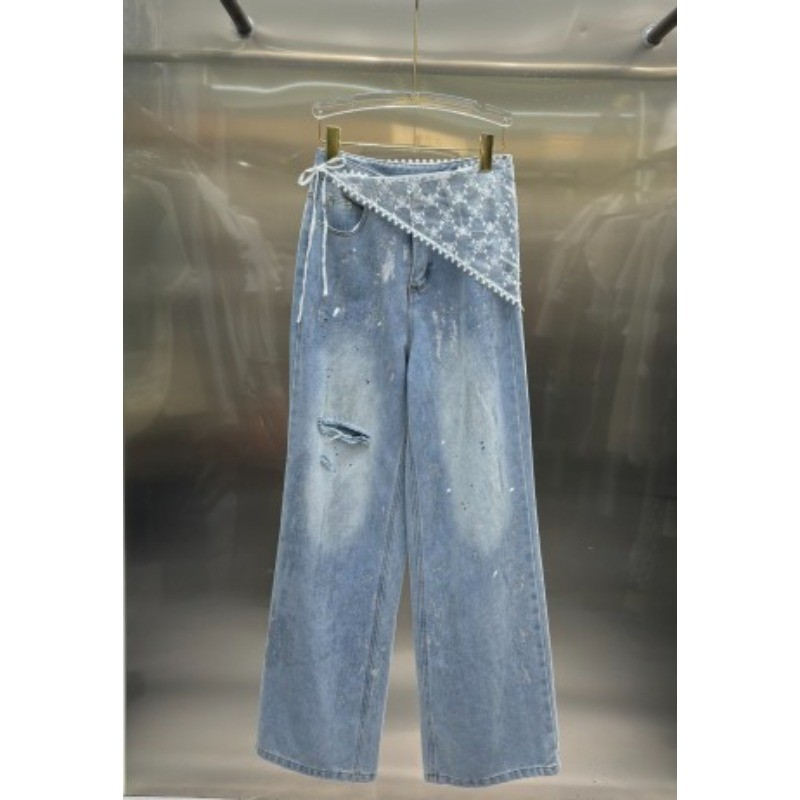 Quần jean nữ lưng cao mới có quần Denim và ren đục lỗ