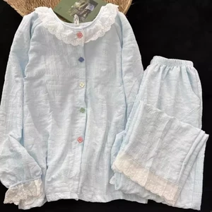 Bộ Đồ Ngủ Dễ Thương Ngọt Ngào Có Miếng Lót Ngực Nữ Quần Dài Tay Phù Hợp Với Màu Trơn Hoạt Hình Mây Mềm Mại Cotton Loungewear
