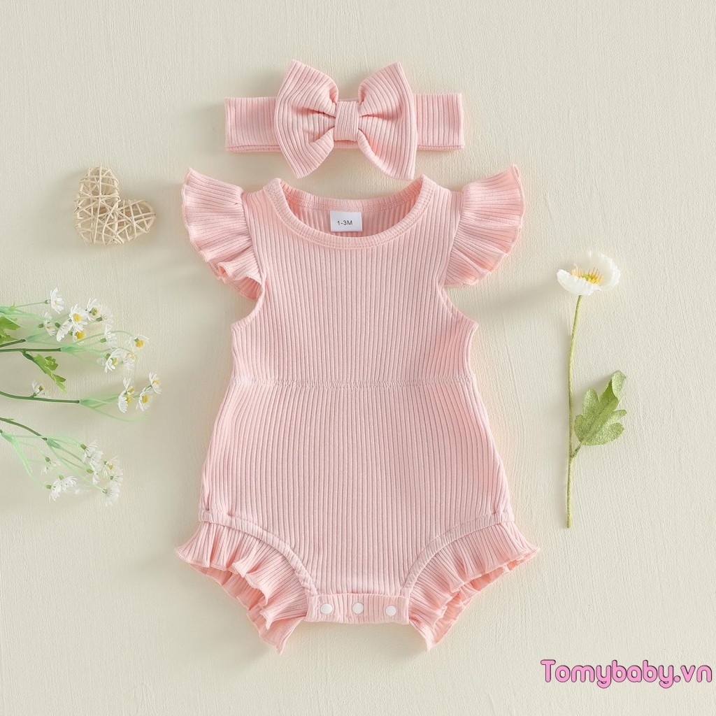 [lpDL] Bộ áo liền quần cổ tròn tay bay cho bé gái có băng đô mùa hè chắc chắn