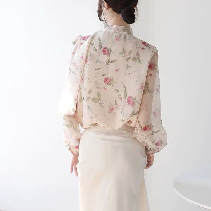 Áo sơ mi nữ voan dáng rộng, dây buộc ngọt ngào