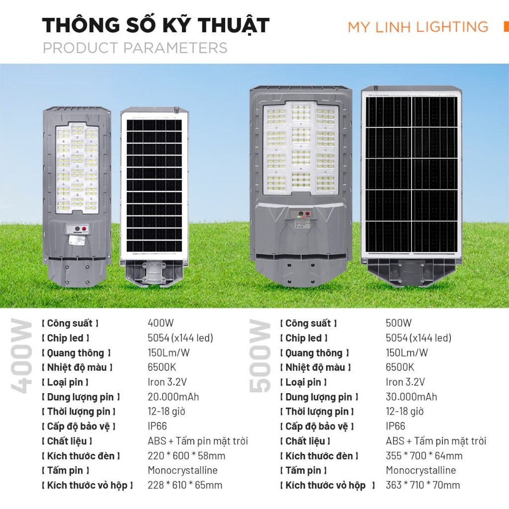 Đèn năng lượng mặt trời liền thể Solar Mỹ Linh 400W, 500W cảm biến chuyển động, điều khiển từ xa