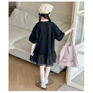 Đầm thun bé gái dáng rộng – Váy giả hai lớp in hoạt hình, cổ tròn thoải mái