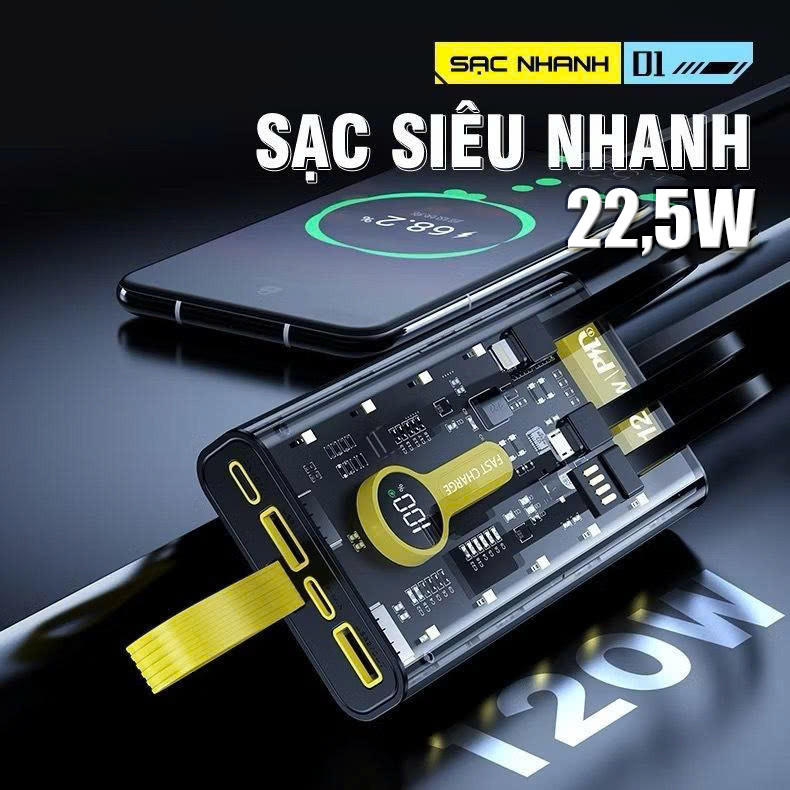 Pin dự phòng 50000mAh sạc nhanh 22.5W trong suốt kèm 4 dây sạc tiện lợi đèn LED chiếu sáng