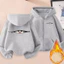 Trẻ Em Mèo Dễ Thương Màu Xám Hoạt Hình Zip Up Áo Lông Cừu Lót Áo Khoác Ấm Có Mũ Trùm Đầu Cho Mùa Mát
