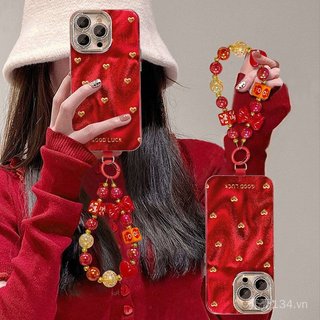 Vòng tay nơ Thích hợp cho vỏ điện thoại 17promax iphone15 Màu đỏ năm mới 16 Niche cao cấp