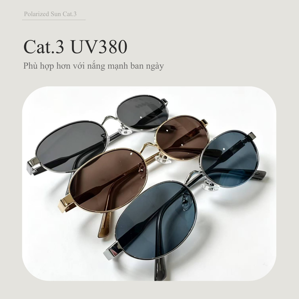 Lensscape Kính mát phân cực dáng oval nhỏ gọng kim loại tròng TAC UV400 dùng khi đi nắng ban ngày