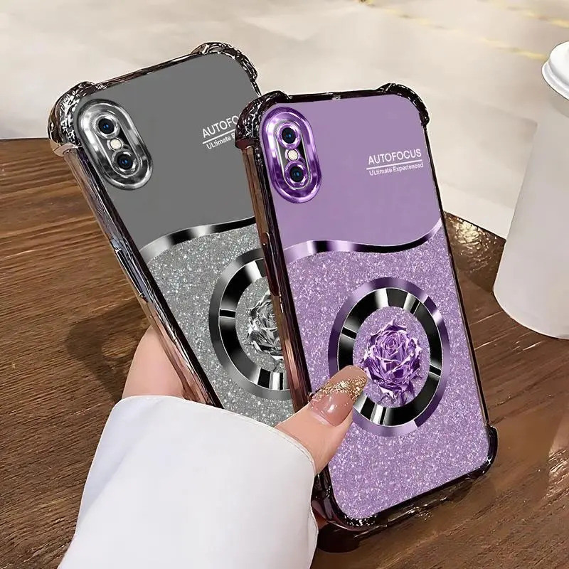 Ốp lưng iPhone XSmax, Phim hoạt hình, Bảo hiểm toàn diện, Chống rơi, Vỏ hoa hồng lấp lánh, Bảo vệ Camera mạ điện, Làm bằng silicon, Vỏ điện thoại