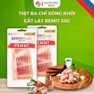 Thịt ba chỉ xông khói cắt lát Remit 55g Nga - hun khói tự nhiên, tạo nên hương vị đậm đà, kết cấu mềm