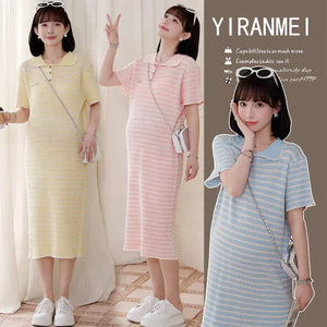 Trang phục bà bầu Váy cổ áo Polo sọc thời trang mùa hè