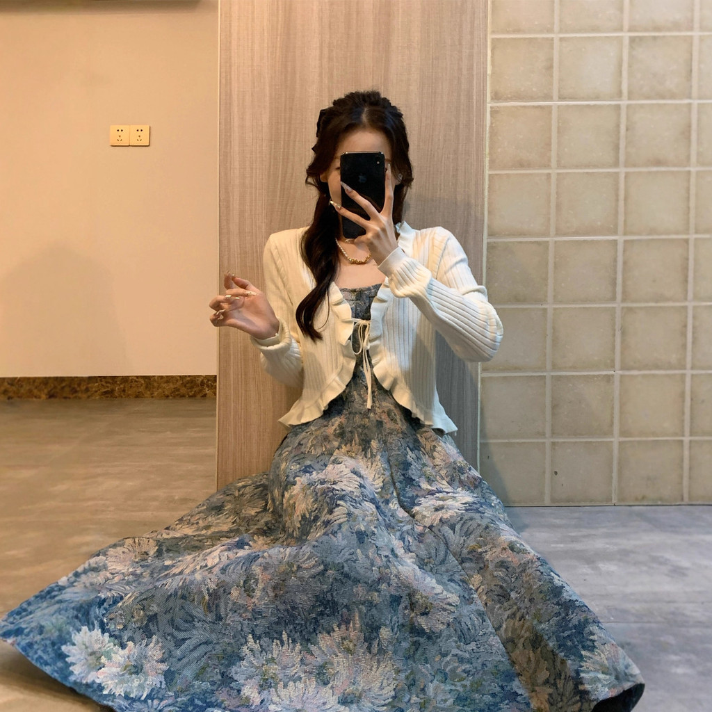 [Hàng có sẵn] Đầm nữ chất lượng cao Váy treo hoa cổ điển kiểu Pháp dành cho nữ Xuân hè thu đông eo mới Skinny và ngọt ngào