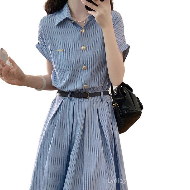 Váy sơ mi sọc xanh polo dáng dài cỡ lớn - Chất liệu cao cấp, eo thon