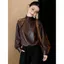 Mùa Xuân 2026 - Áo sơ mi nữ retro màu cà phê, thoáng mát, pinstripe, cổ cao