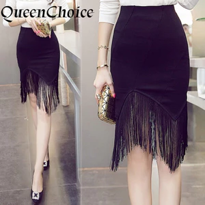 S-3XL Mini Váy Bút Chì Bodycon Đen Cho Phái Nữ, Tua Rua, Thích Hợp Đi Làm
