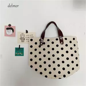 Túi xách DELMER, Túi đựng đồ ăn trưa Túi vải chấm bi dung tích lớn, Túi Tote điểm sóng dễ thương Túi xách nữ phong cách Hàn Quốc